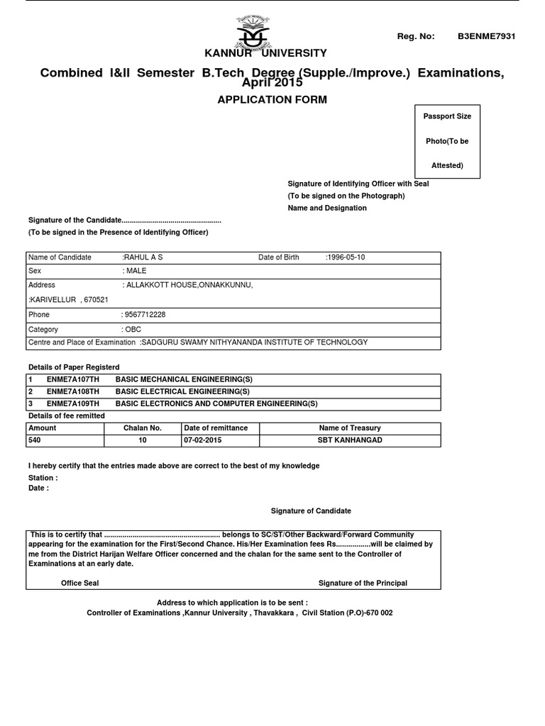 B.Tech Exam Application Form - Kannur University | PDF