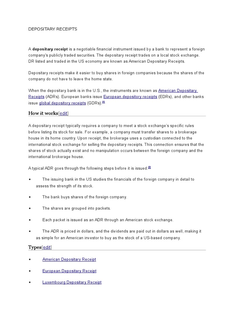 Depositary Receipts American Depositary Receipt Securities (Finance)