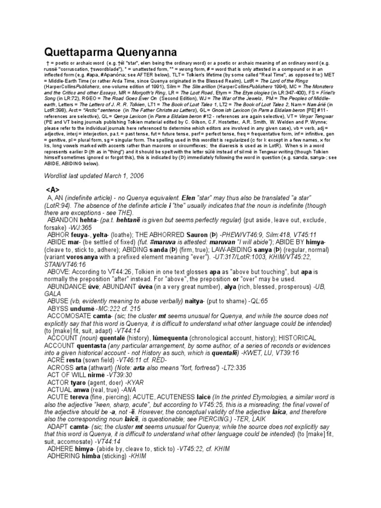 EnglishQuenya Dictionary PDF Linguistic Morphology Middle Earth