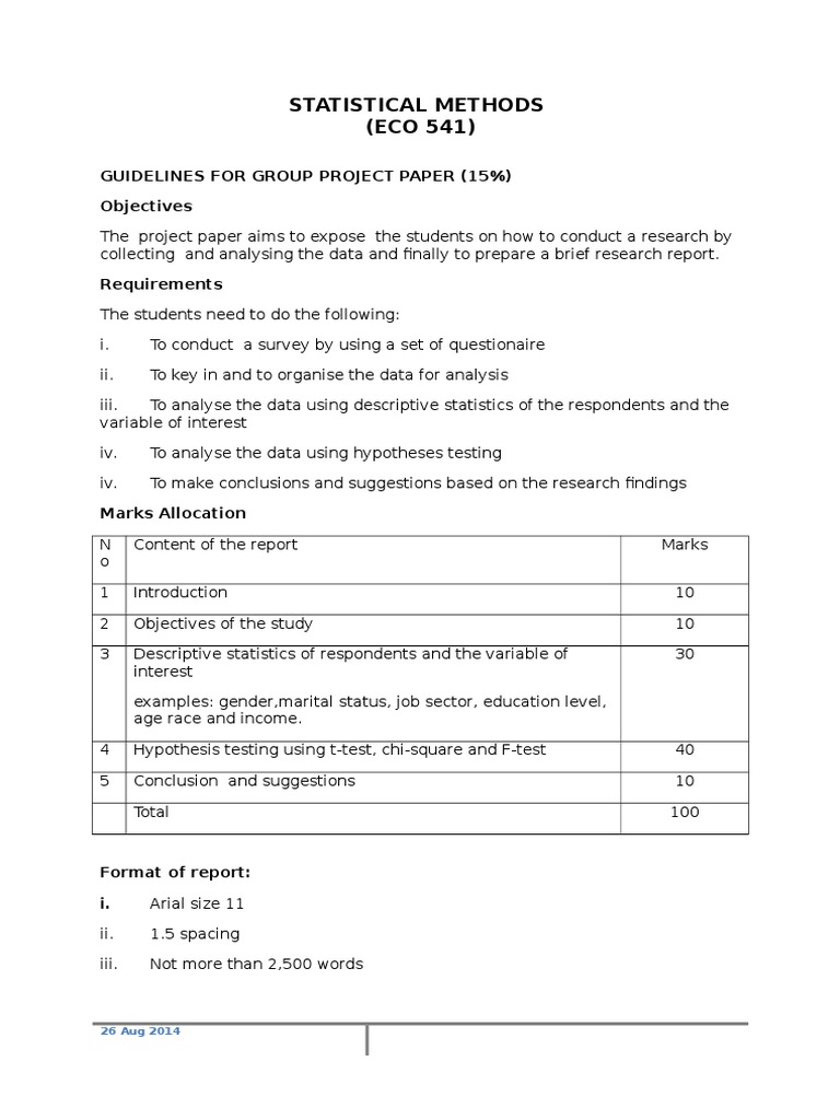 Statistical Methods (ECO 541) : Guidelines For Group Project Paper (15% ...