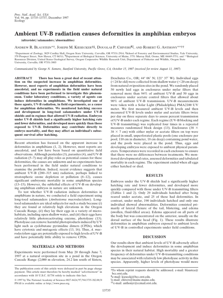 Blaustein Et Al. 1997 PDF Ultraviolet Amphibian