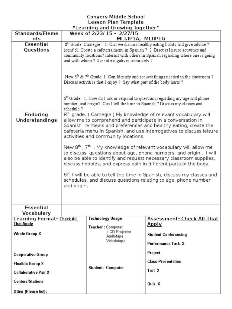 Conyers Middle School Spanish Lesson Plan | PDF | Classroom | Lesson Plan