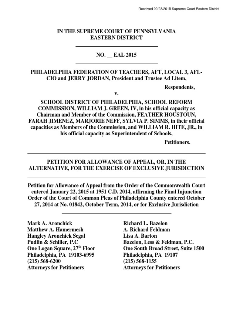 Petition for Allowance of Appeal or Exclusive Jurisdiction Employment