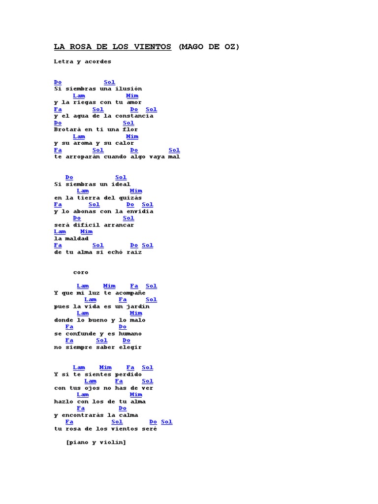 La Rosa De Los Vientos Letra Y Acordes Partitura