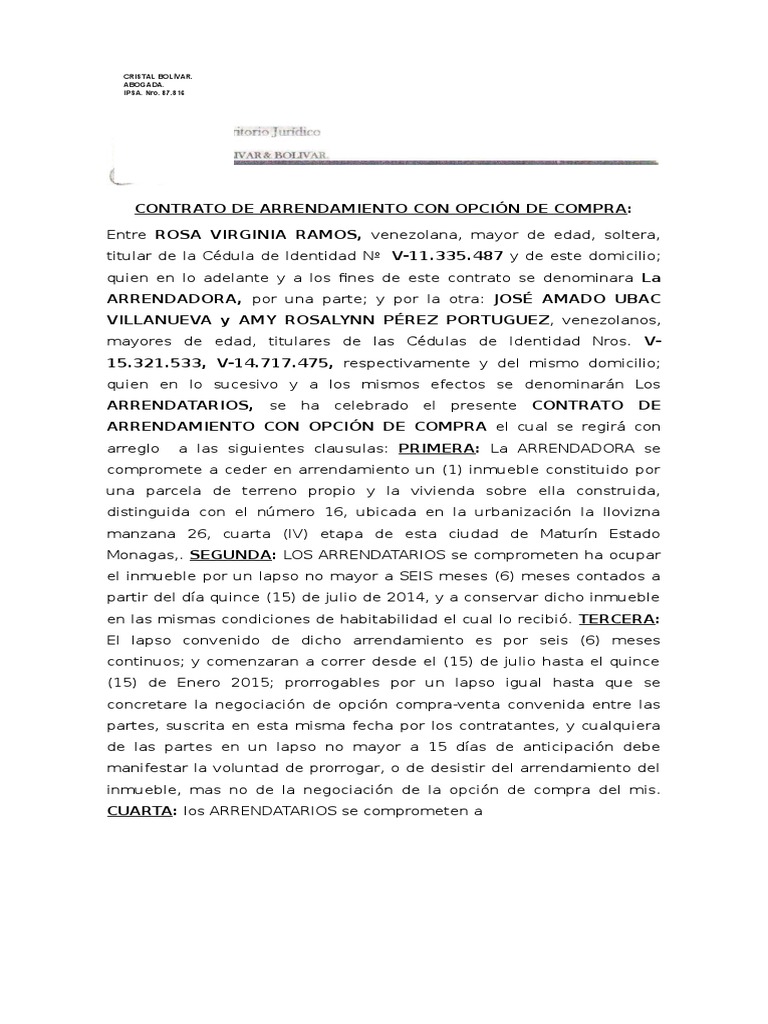 Contrato de Alquiler con Opción a Compra | PDF | Alquiler | Finanzas ...