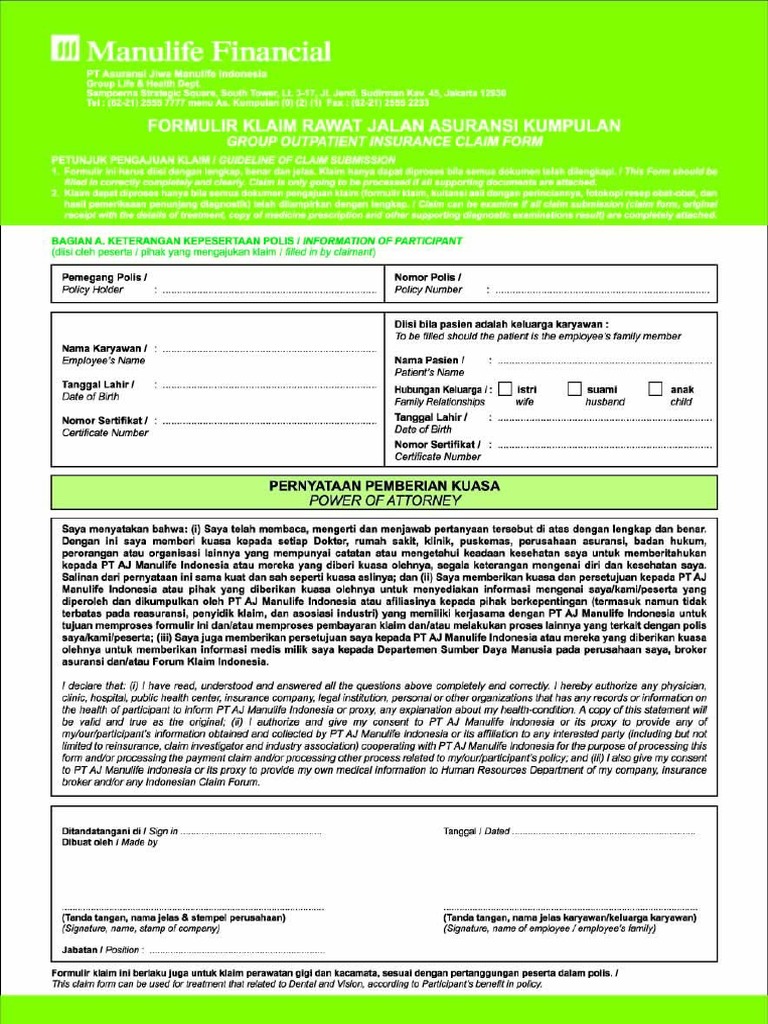 Manulife Form - Form Klaim Rawat Jalan GLH | PDF | Seni & Disiplin ...