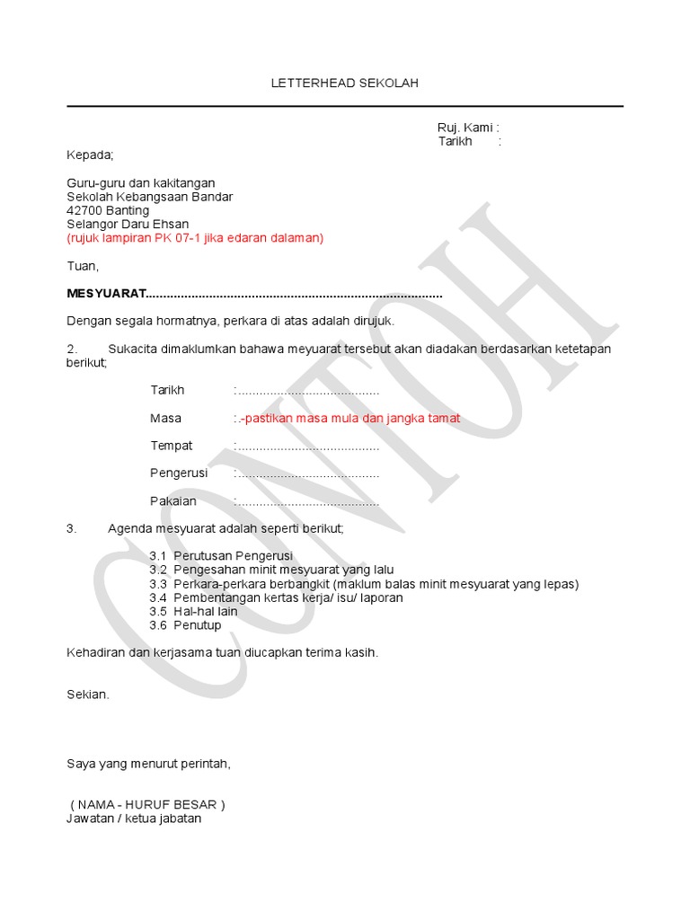 Contoh Surat Panggilan Mesyuarat