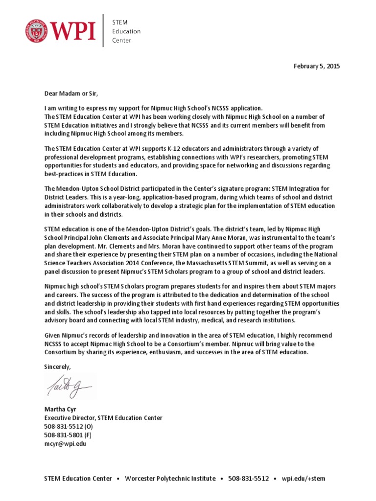 Letter Wpi Science, Technology, Engineering, And