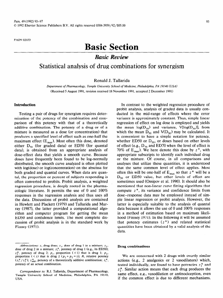 Statistical Analysis of Drug Combinations For Synergism | PDF ...