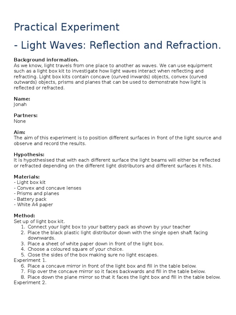 Light Reflection and Refraction Experiment | PDF | Lens (Optics ...