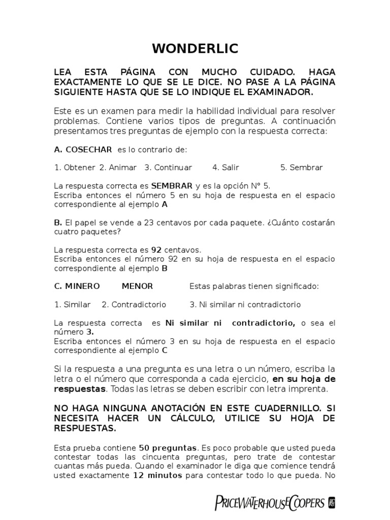 Cuadernillo Wonderlic | PDF