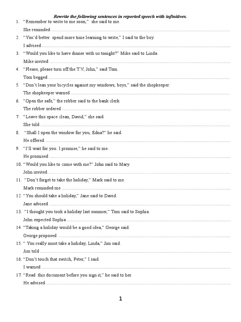 Rewrite The Following Sentences in Reported Speech With Infinitives ...