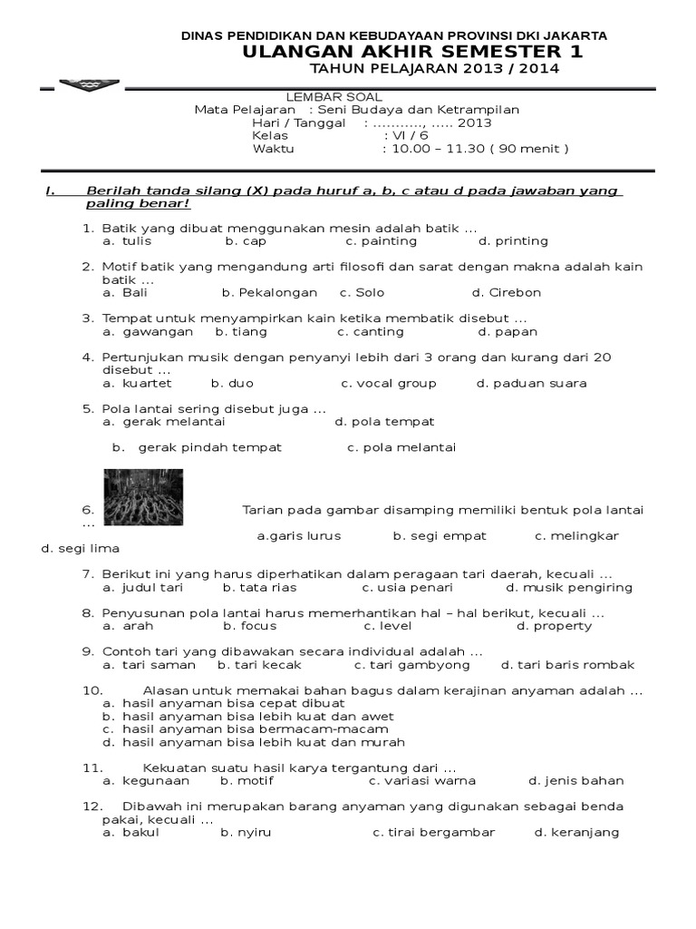 Soal UAS SBK Semester 1 SD Kelas 6