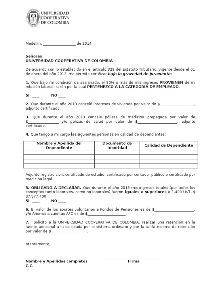 Certificado Para Definir Retencion en La Fuente Pensión Contribuyente