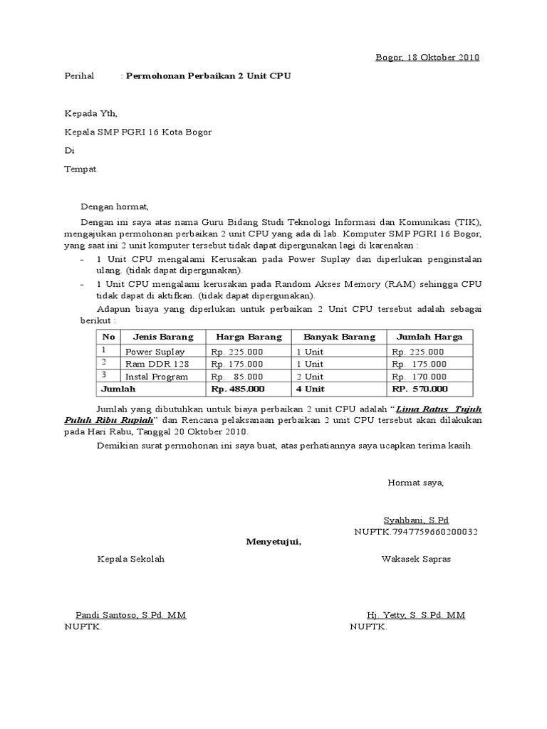 Surat Permohonan Perbaikan Komputer Pdf