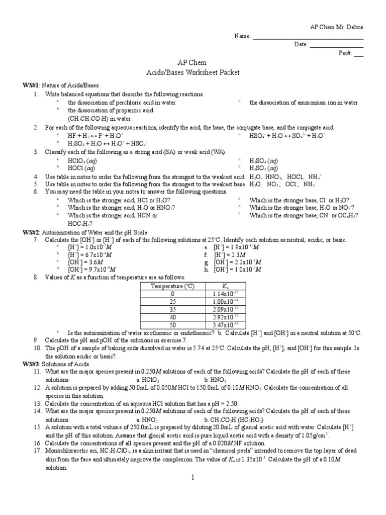 AP Chem Acids/Bases Worksheet Packet PDF Acid Buffer Solution