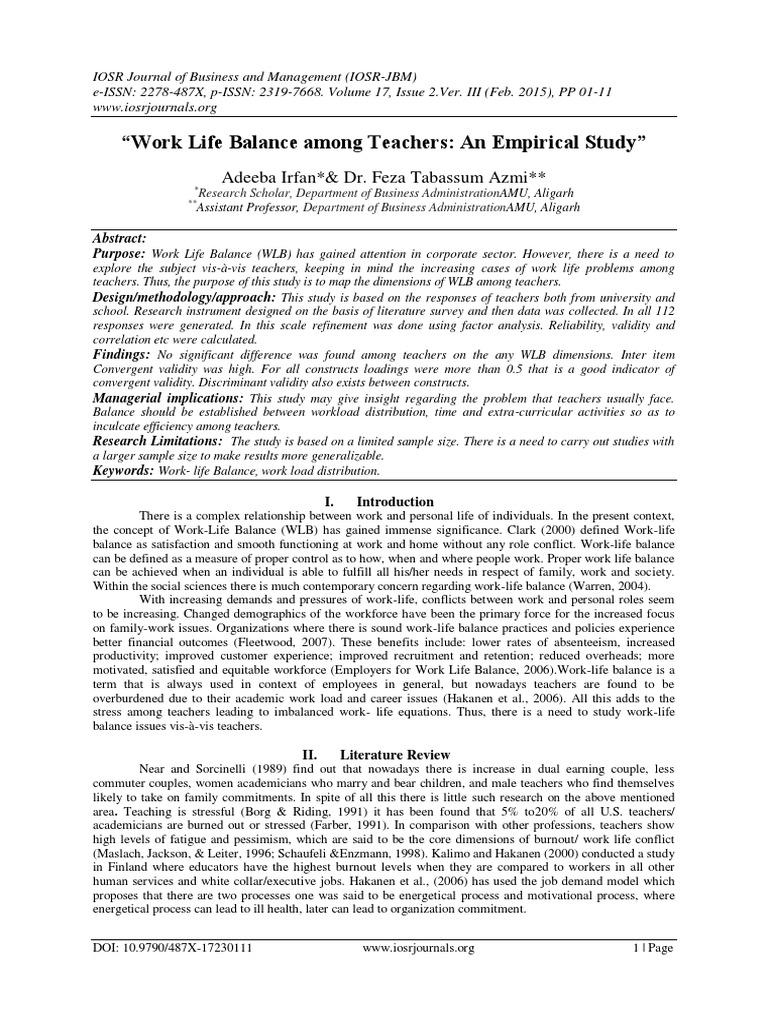 Work Life Balance Among Teachers: An Empirical Study | Download Free ...