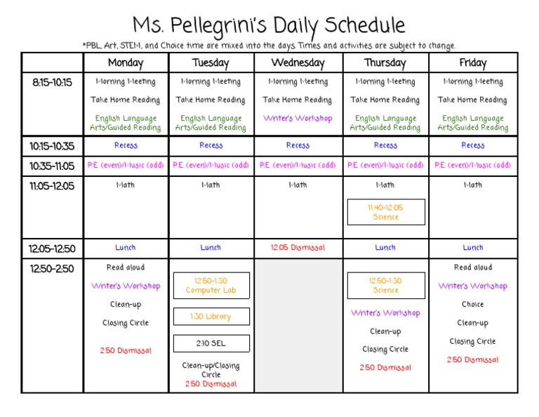 Ms. Pellegrini's Weekly Class Schedule | PDF | Language Arts ...