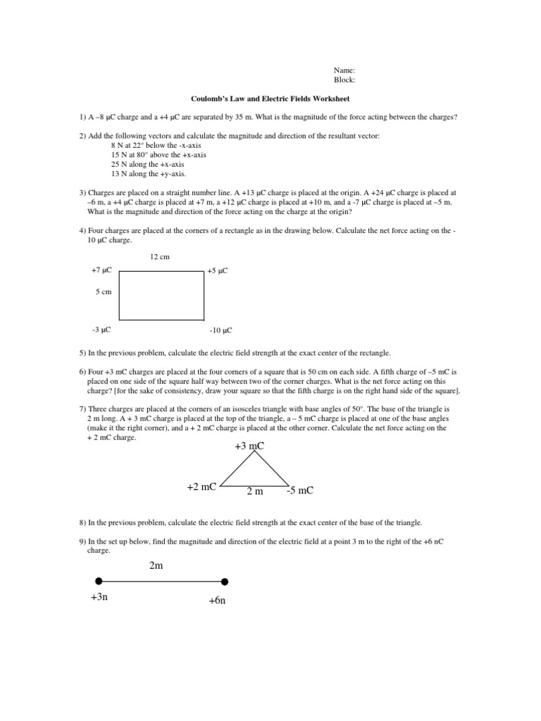 Coulomb's Law and Electric Fields Worksheet PDF Electric Charge