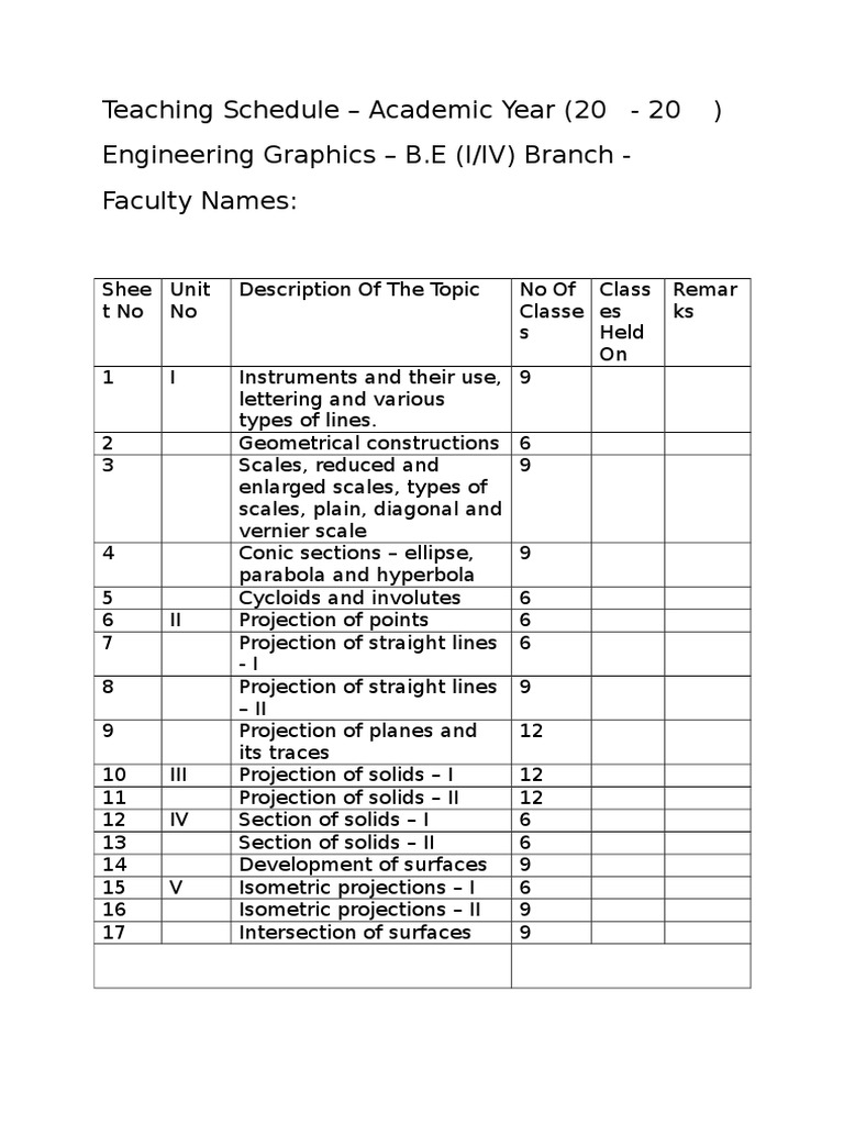Engg Graphics Teaching Schedule | PDF | Art