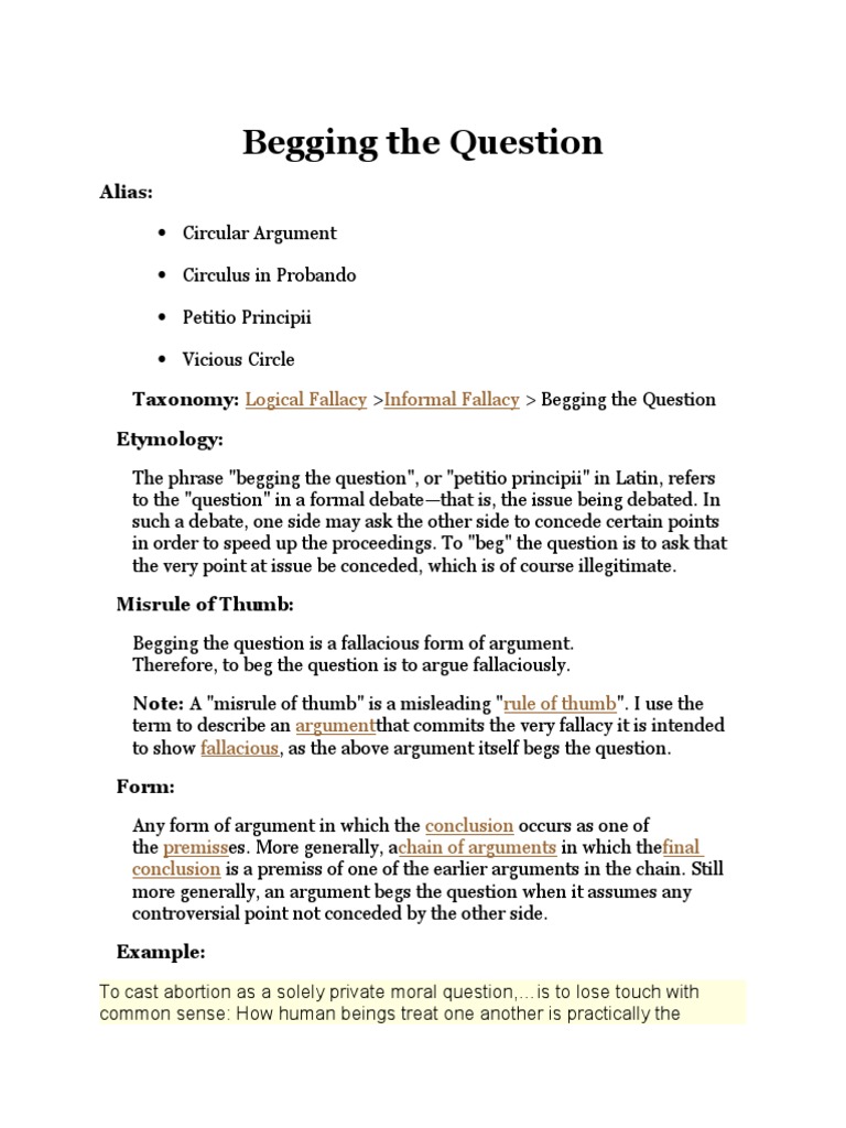 Understanding Begging the Question Fallacy | PDF | Argument | Fallacy
