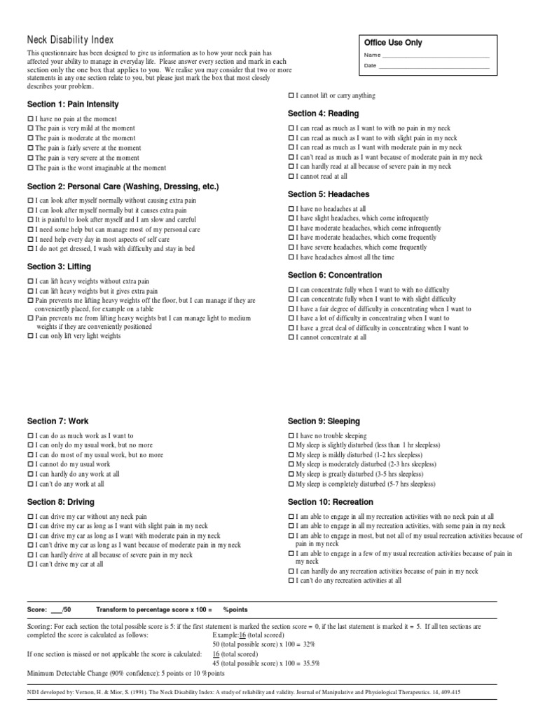 Neck Disability Index PDF Pain Clinical Medicine