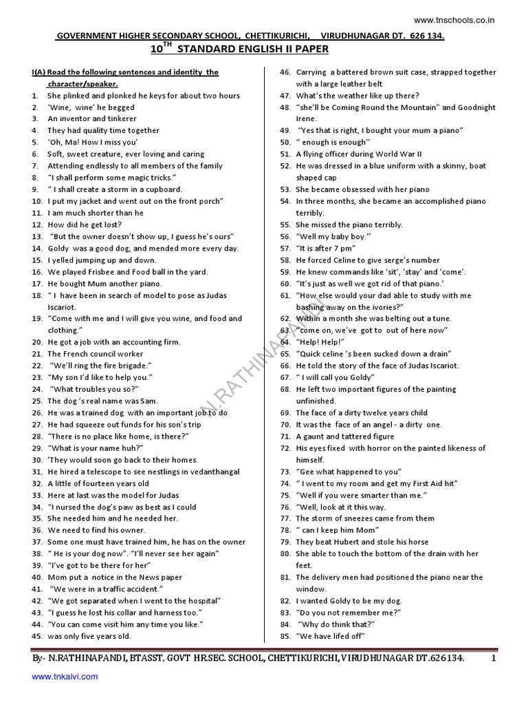 English Pap-2 One Mark Questions | PDF | Tire | Clothing