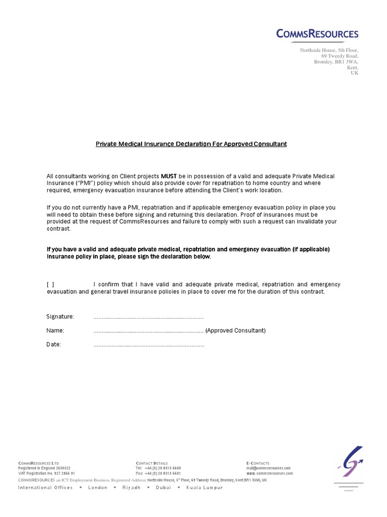 Private Medical Insurance Declaration Form | PDF