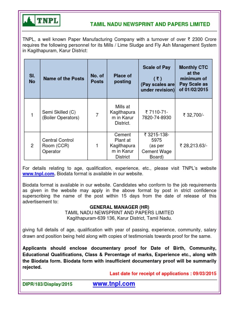 Tamil Nadu Newsprint and Papers Limited DIPR/183/Display/2015 PDF
