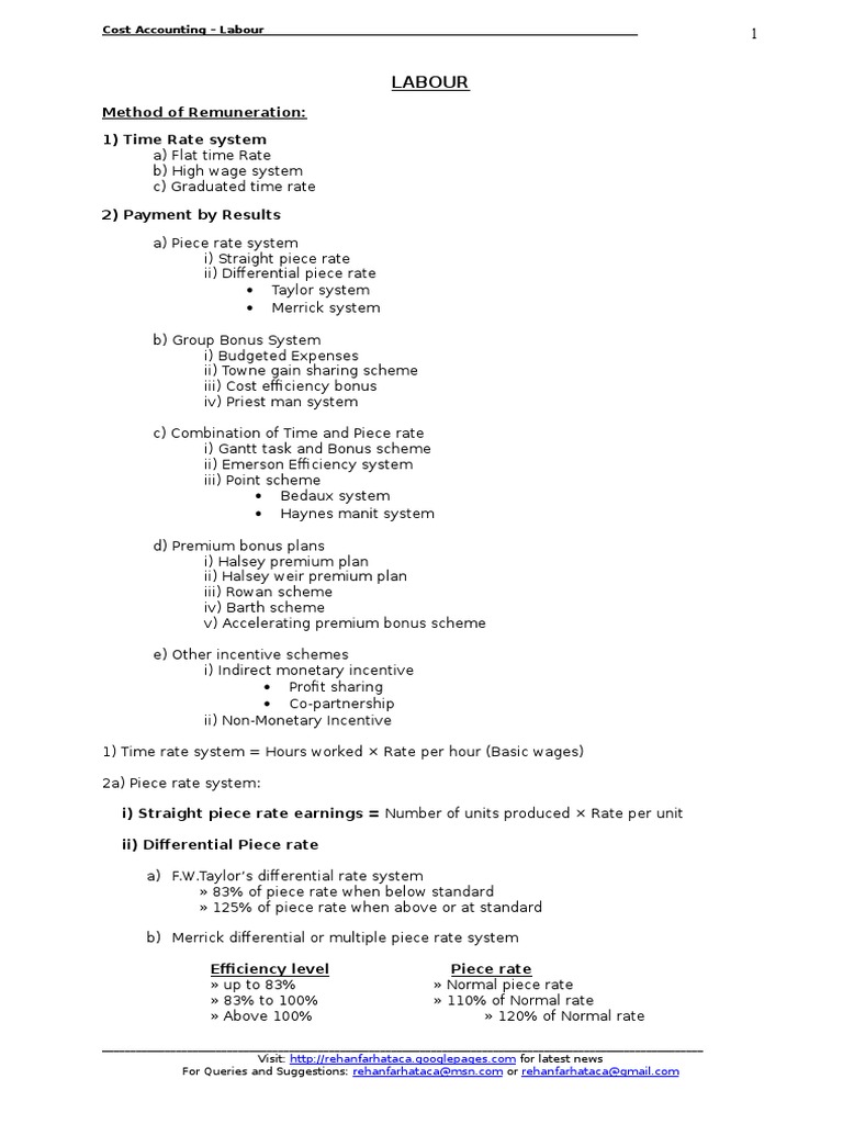 Labour: Method of Remuneration: 1) Time Rate System | PDF | Piece Work ...