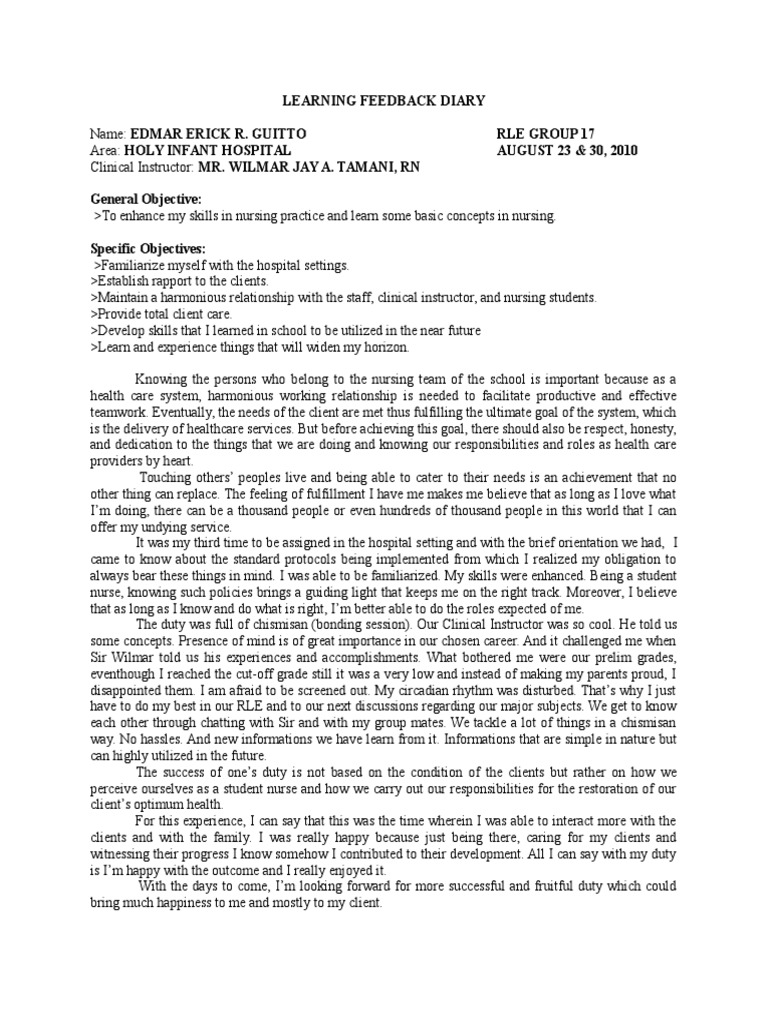Example Of Learning Feedback Diary In Nursing