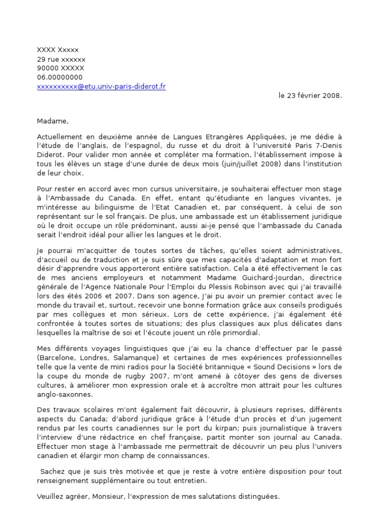 Lettre Motivation Stage 4 Canada Langues