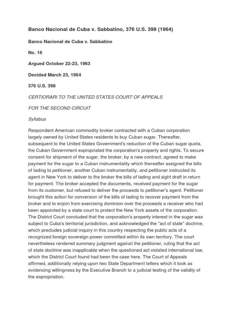 Banco Nacional de Cuba v. Sabbatino, 376 U.S. 398 1964 ...