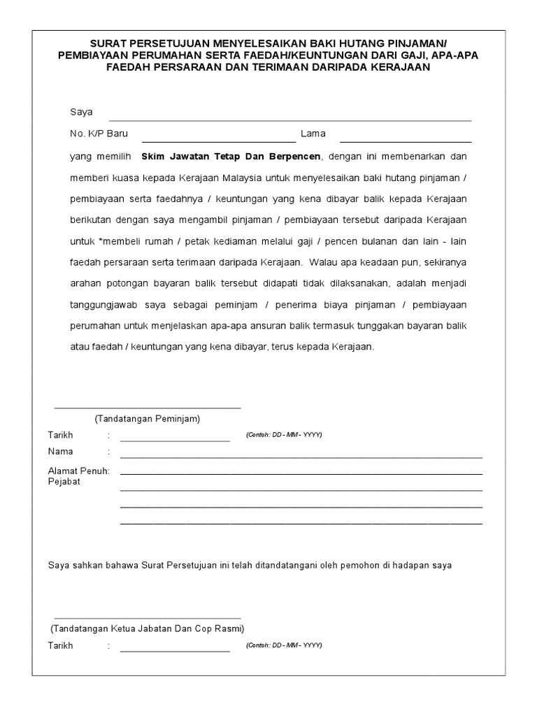 Surat Persetujuan Penyelesaian Baki Hutang Pencen Pdf