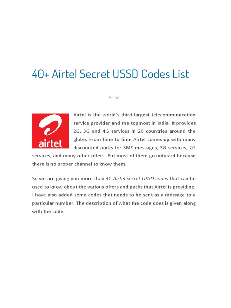 Airtel Secret USSD Codes List | PDF | Wireless | Telecommunications