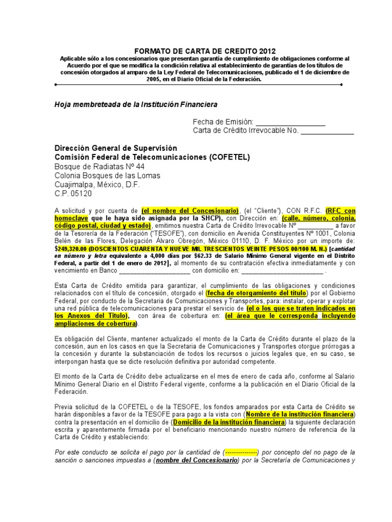Modelo Carta de Credito 2012  Carta de crédito  Bancos  Prueba