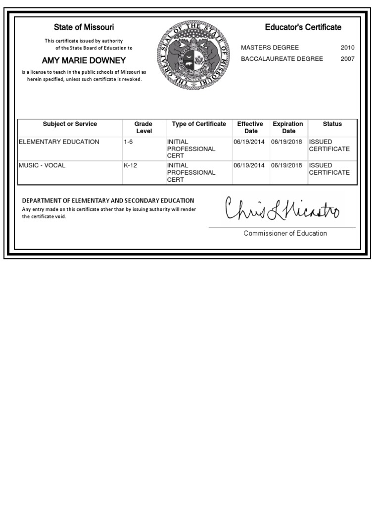 Missouri Certification PDF