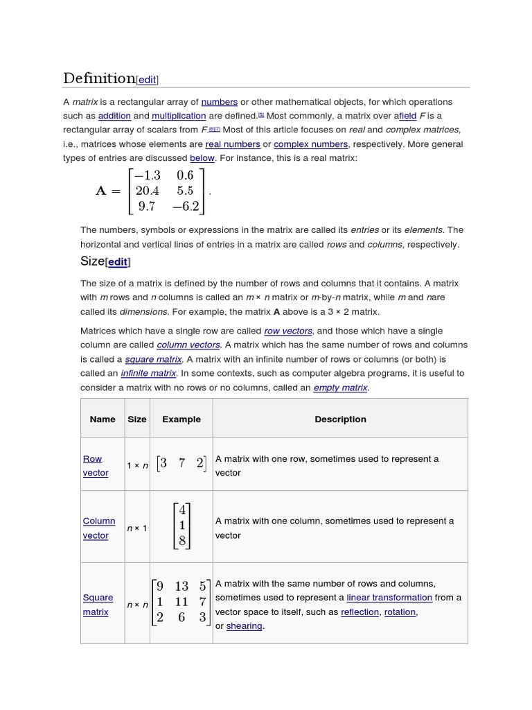 Numbers Addition Multiplication Field: Row Vectors Column Vectors ...