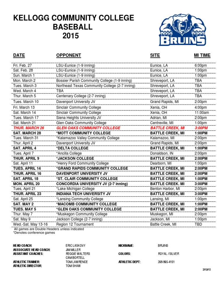 2015 Kellogg Community College Baseball Schedule PDF