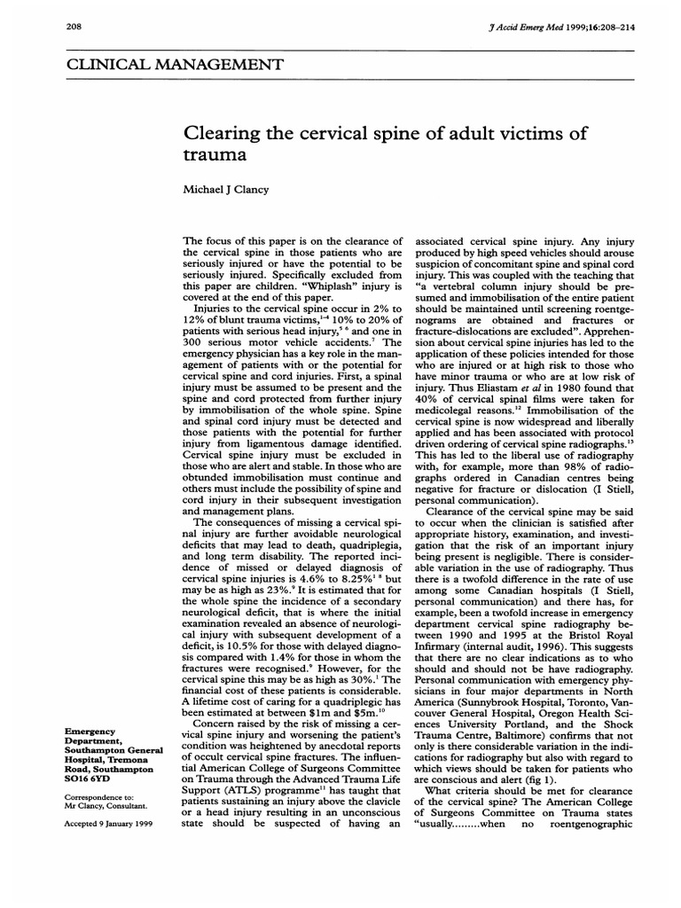 Cervical Spine Clearance in Trauma Care | PDF | Spinal Cord Injury ...