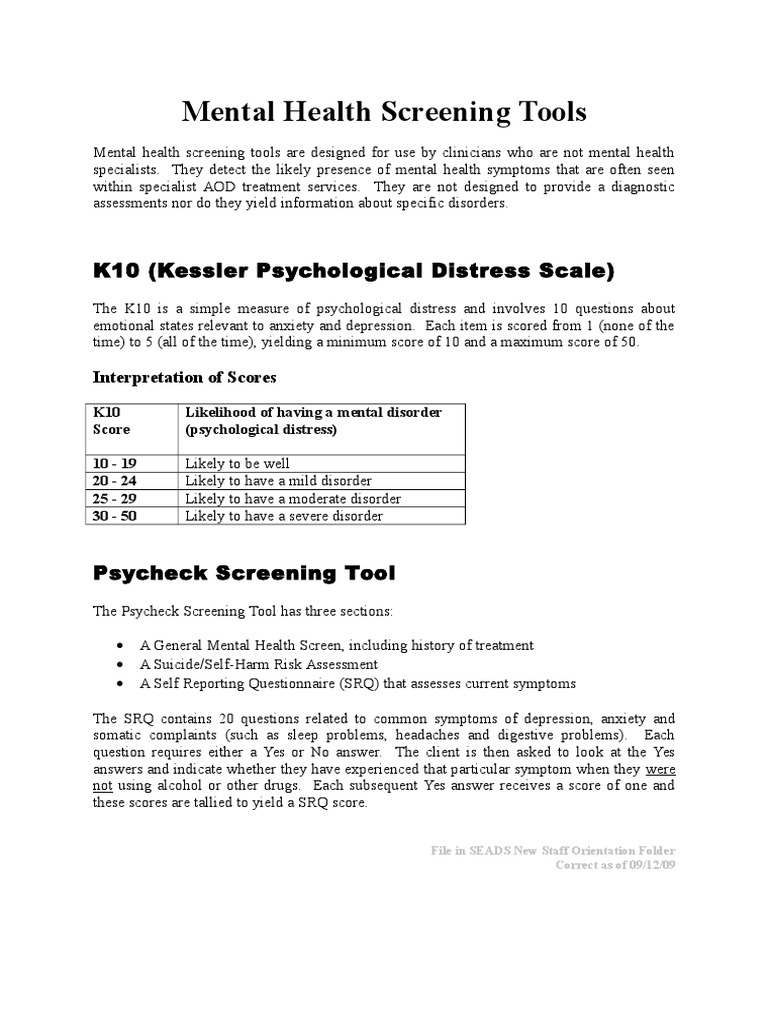 Mental Health Screening Tools PDF Mental Disorder Major