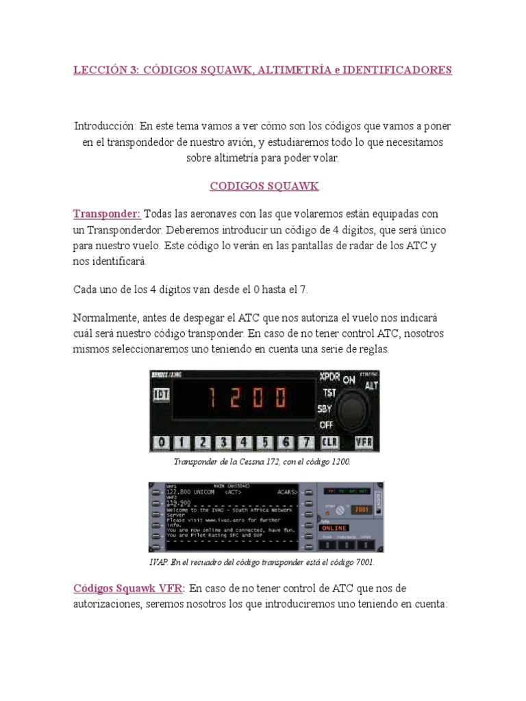Códigos Transponder y Altimetría en Aviación | PDF | Control de tráfico ...