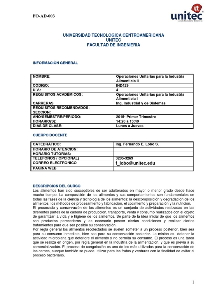 Silabo - Ind429 Operaciones Unitarias en La Industria Alimenticia II ...