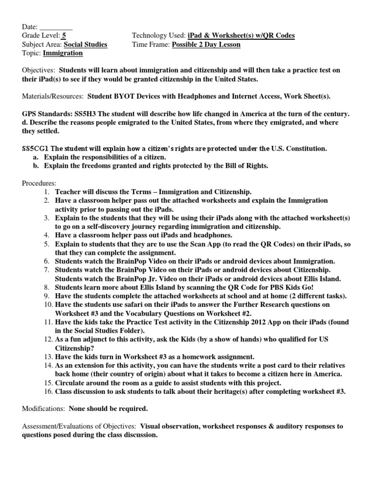 Worksheets Constitution Questions Worksheet grade 5 immigration ipad lesson teaching cognition