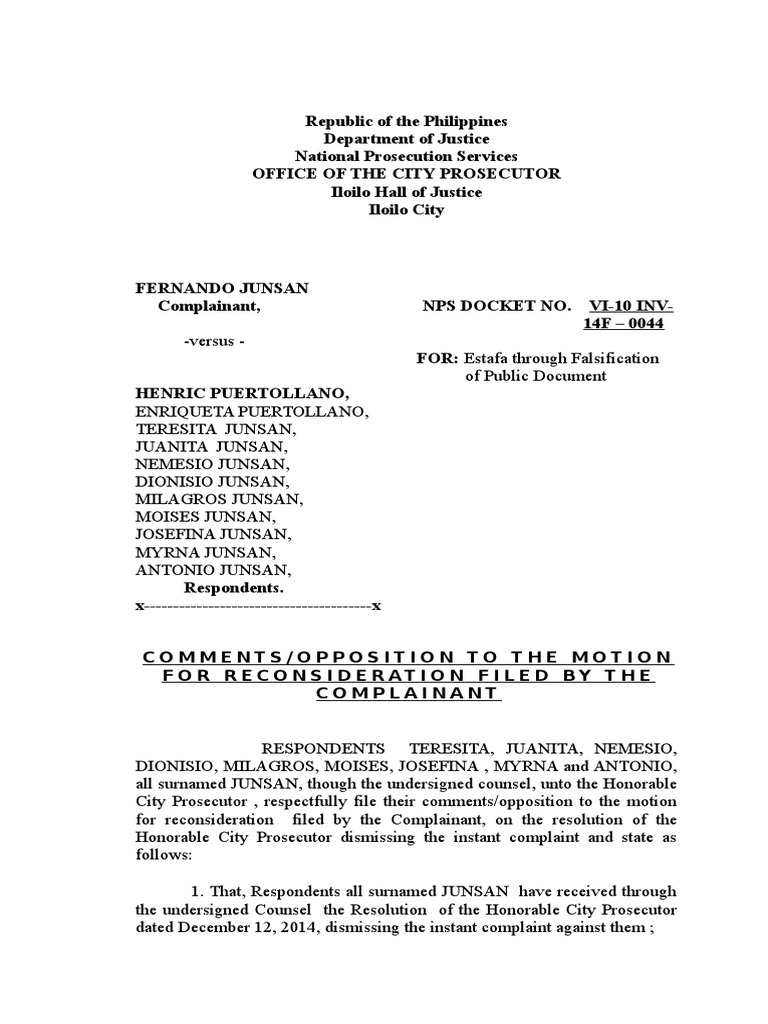 Junsan Case Comments Opposition to Motion for Reconsideration