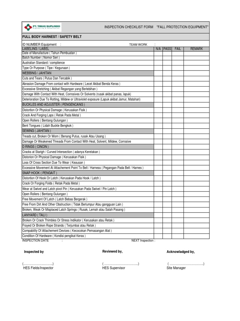 Full Body Harness Inspection Checklist | PDF