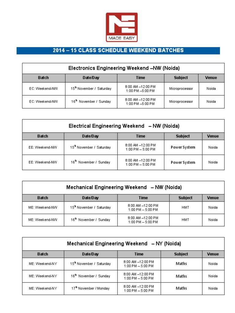 2014 - 15 Class Schedule Weekend Batches: Electronics Engineering ...