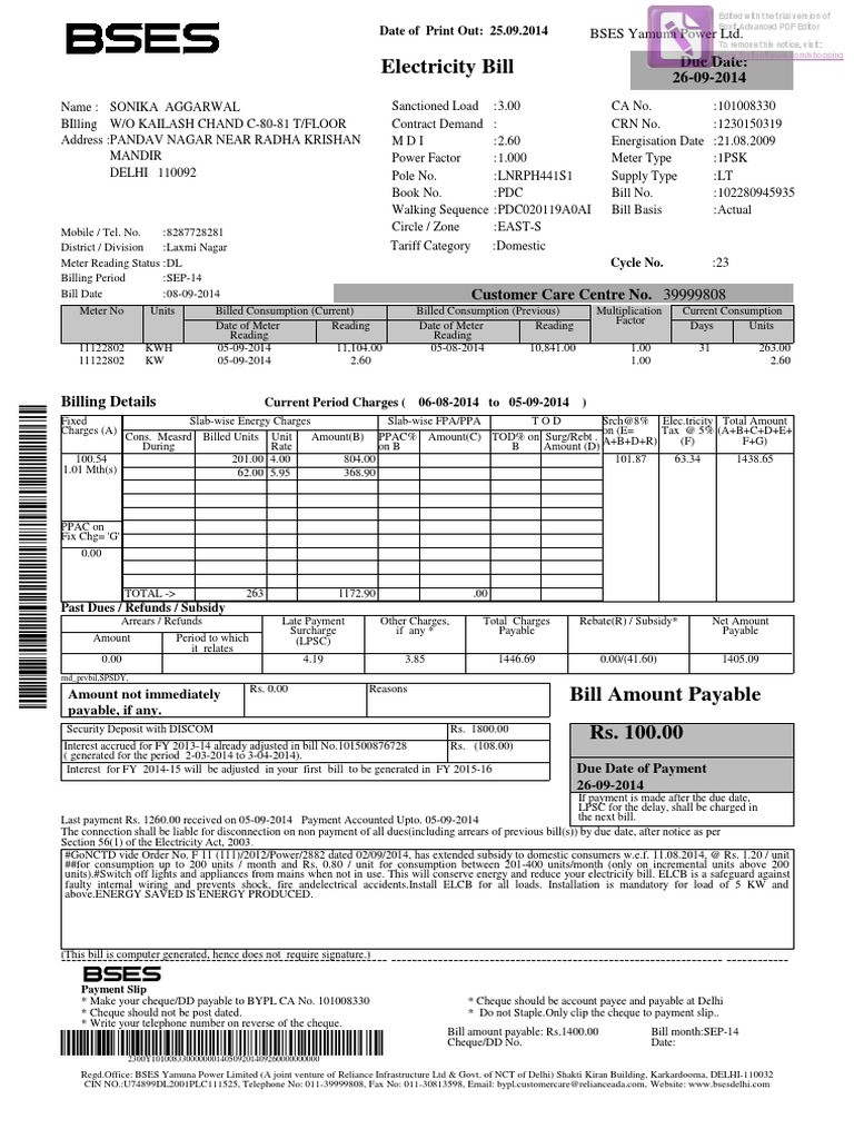 Electric Bill PDF Cheque Electric Power