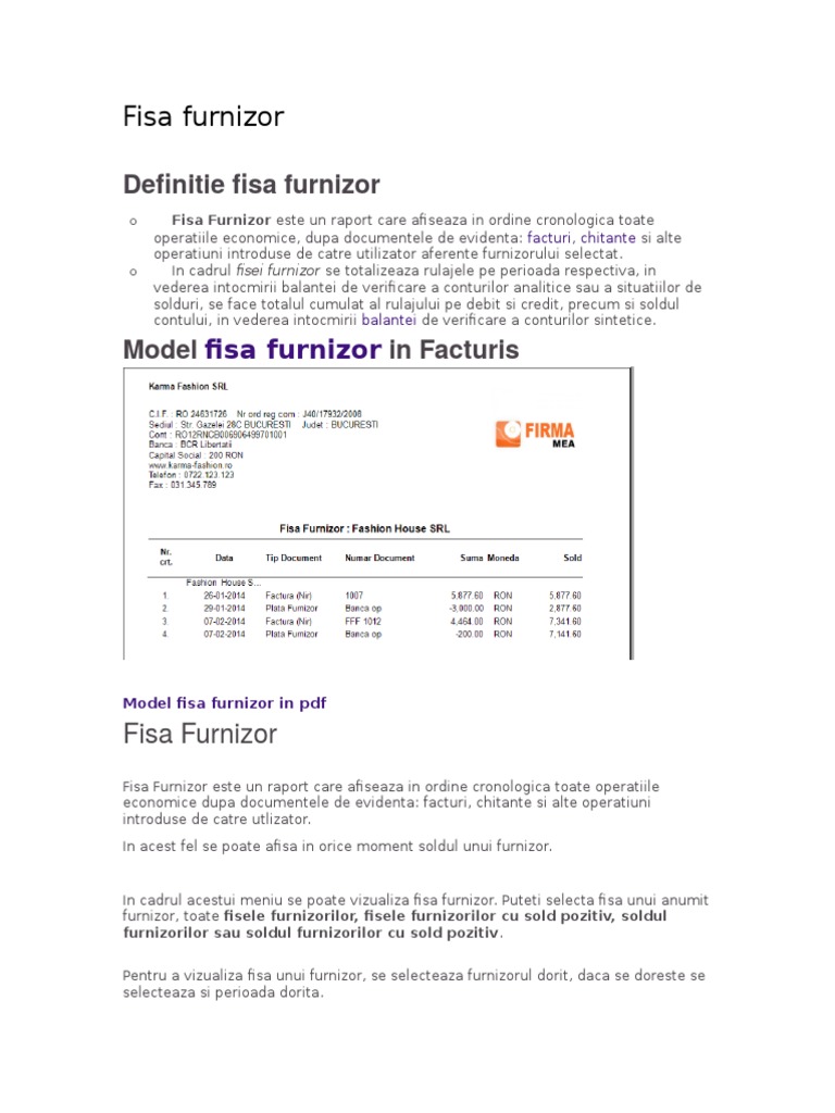 Fisa Furnizor | PDF