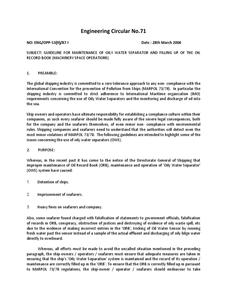 Guideline For Maintenance of Oily Water Separator and Filling Up of The